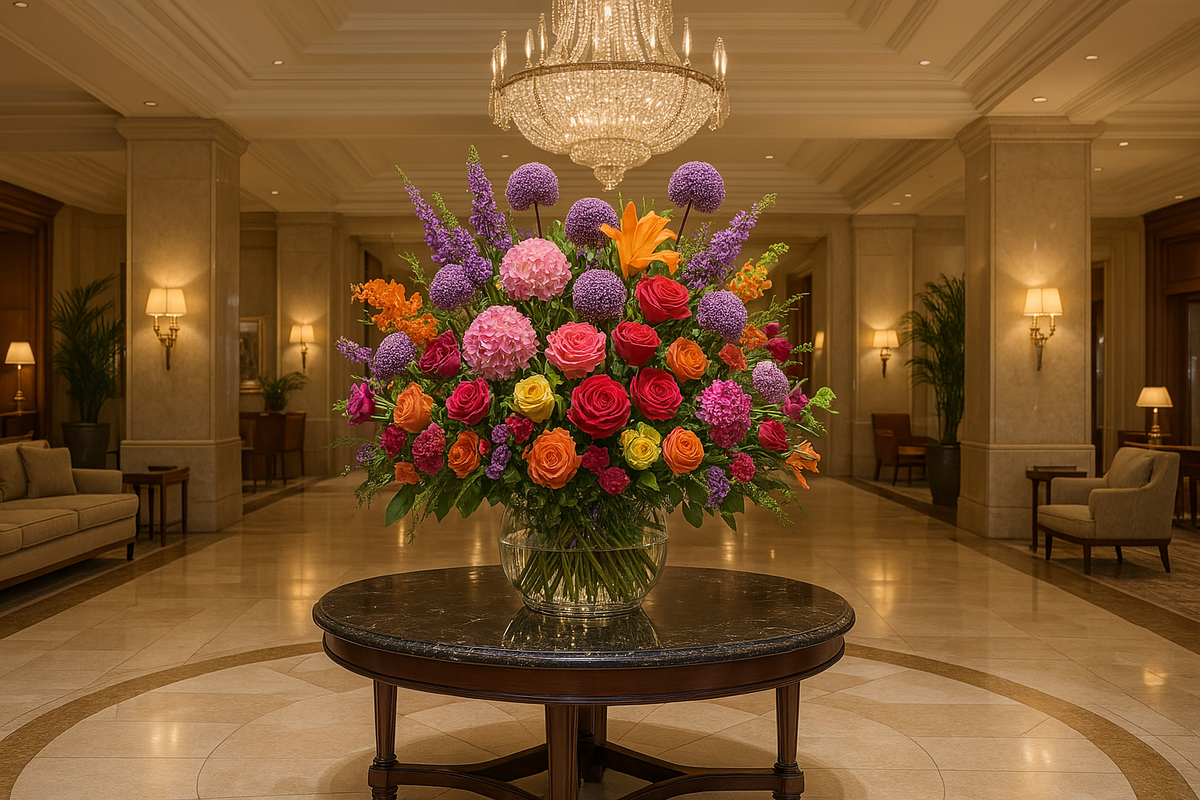 Großes farbiges Blumenarrangement auf einem Marmortisch in einer Hotellobby