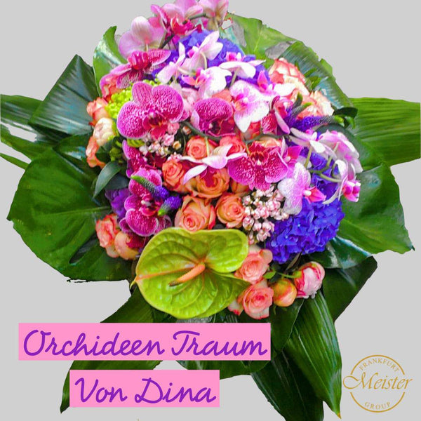 Bunter Orchideenstrauß mit Rosen und grünen Blättern – exklusiv und frisch geliefert