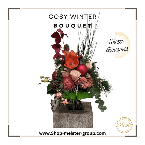 Winterblumenstrauß Cosy Winter mit Baumwolle und Tannengrün – Blumen Meister