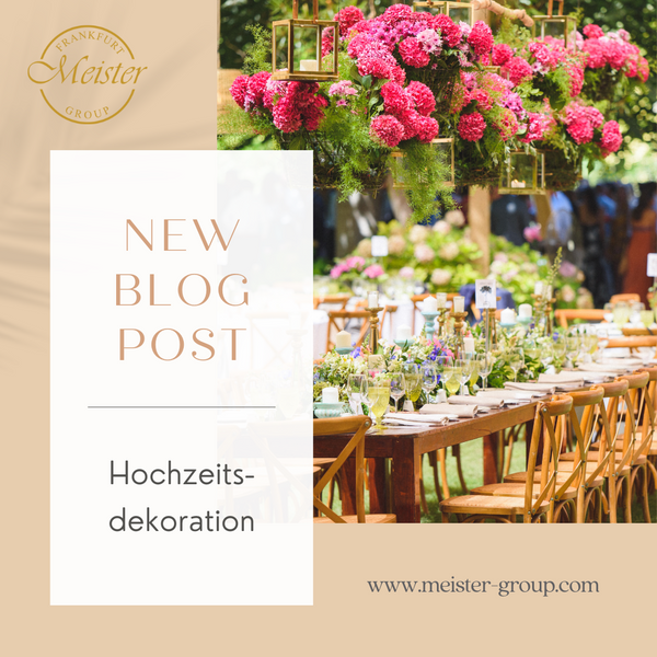 Hochzeitsdekoration mit rosa Hortensien und Tischarrangements im Freien