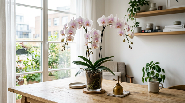 Blühende Phalaenopsis Orchidee im transparenten Pflanzgefäß an hellem Standort