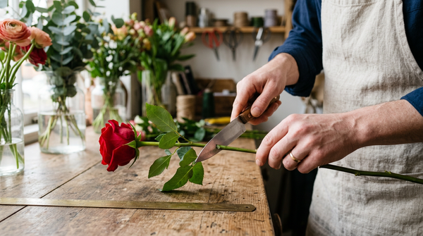 Rosen richtig anschneiden im 45-Grad-Winkel mit scharfem Messer für maximale Haltbarkeit