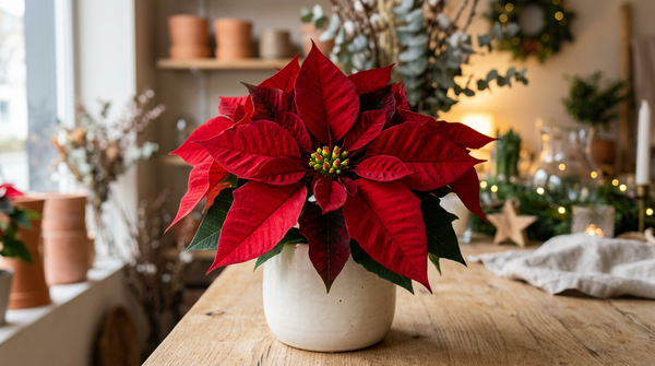 Roter Weihnachtsstern im Keramiktopf mit leuchtenden Hochblättern und gesunden Knospen