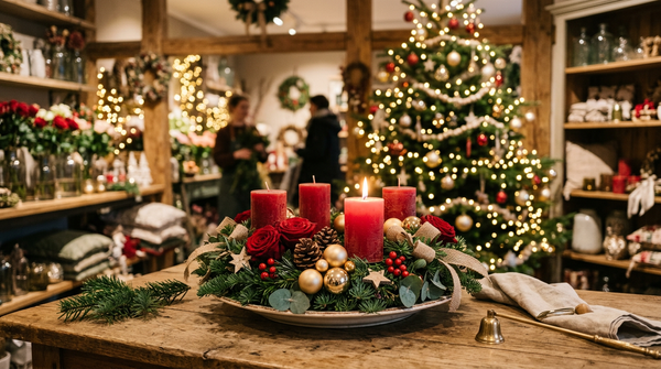 Weihnachtsdeko 2026 von Blumen Meister - festlich geschmückter Weihnachtsbaum mit warmen Lichtern