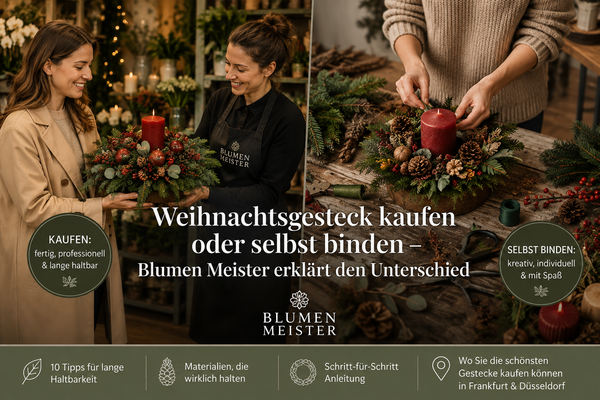 Floristin überreicht Kundin ein festliches Weihnachtsgesteck mit roter Kerze.