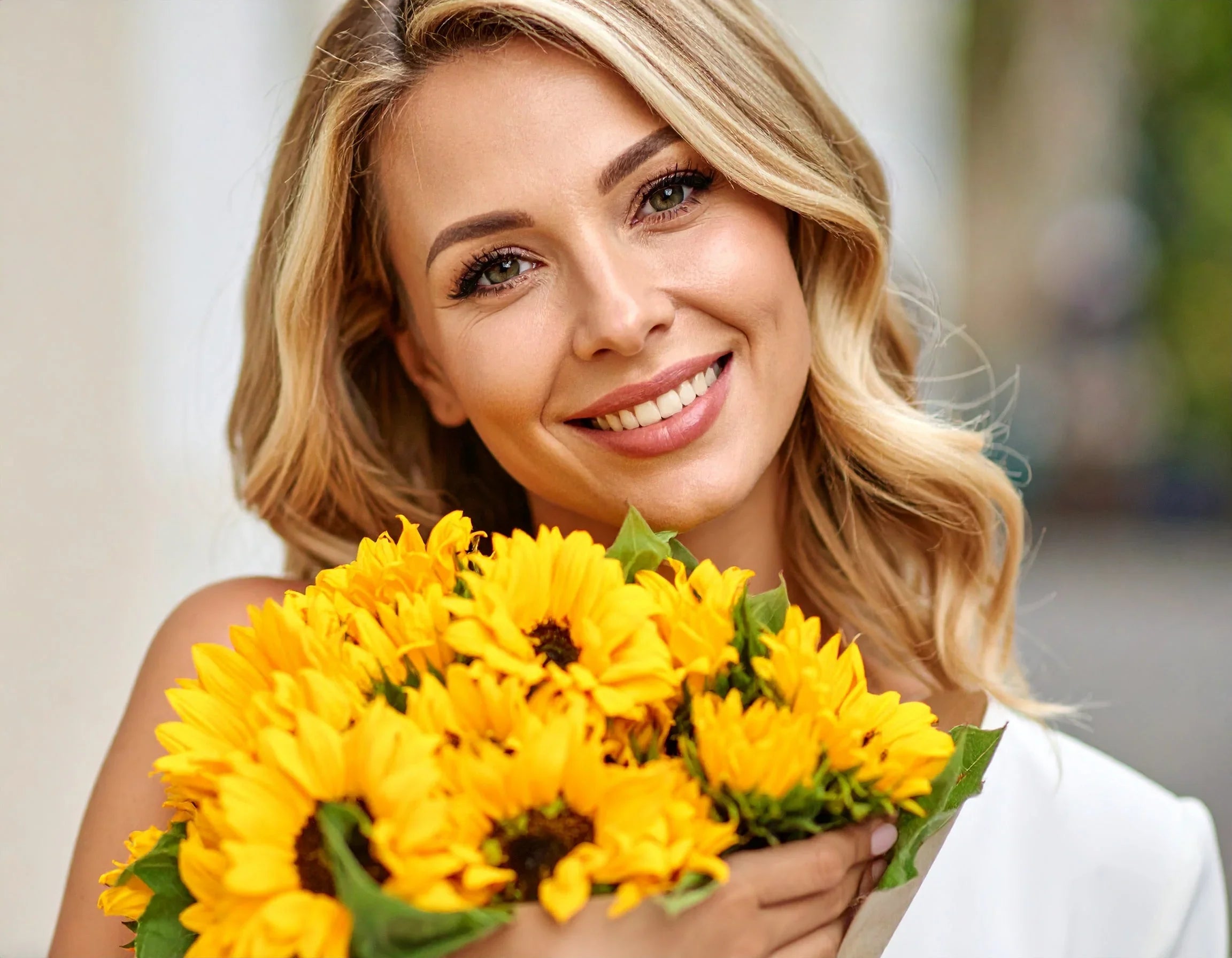 Lächelnde Frau mit frischem Sonnenblumenstrauß – perfekt als Geschenk oder Dekoration