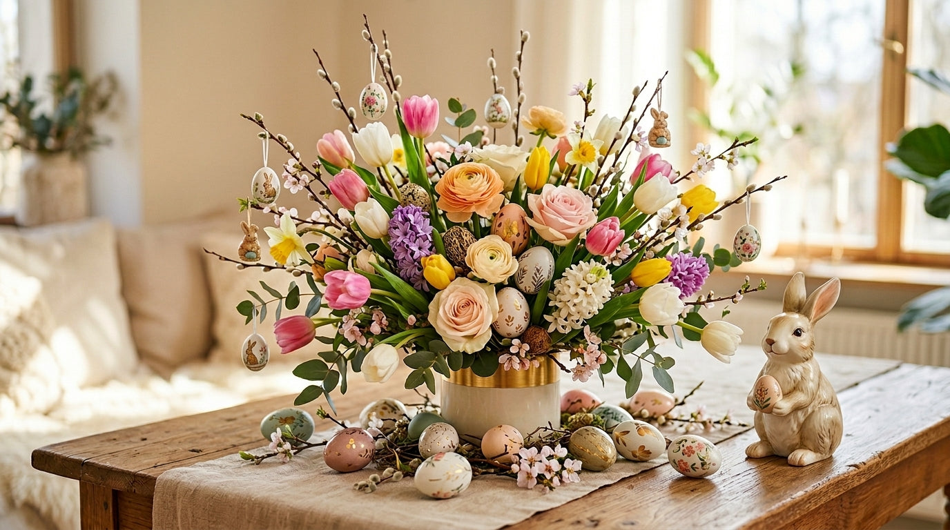 Frühlingsblumenstrauß mit Ostereiern und Hasenfigur – perfekt für Ostern & Frühling