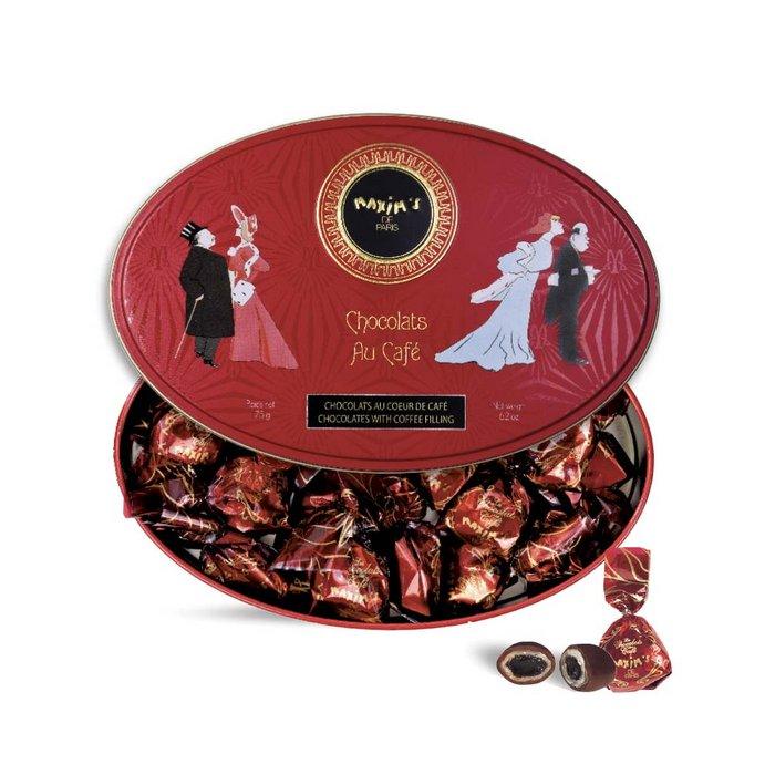 Rote Dose mit Kaffee-Füllung Schokoladen, elegant verpackt als Geschenk