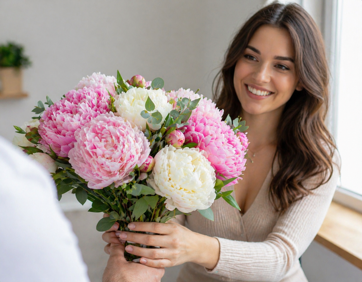 Frau erhält frischen Blumenstrauß mit rosa und weißen Pfingstrosen – perfekt als Geschenk