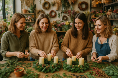 Vier Frauen beim Adventskranz Workshop am Tisch mit Tannengrün und Kerzen