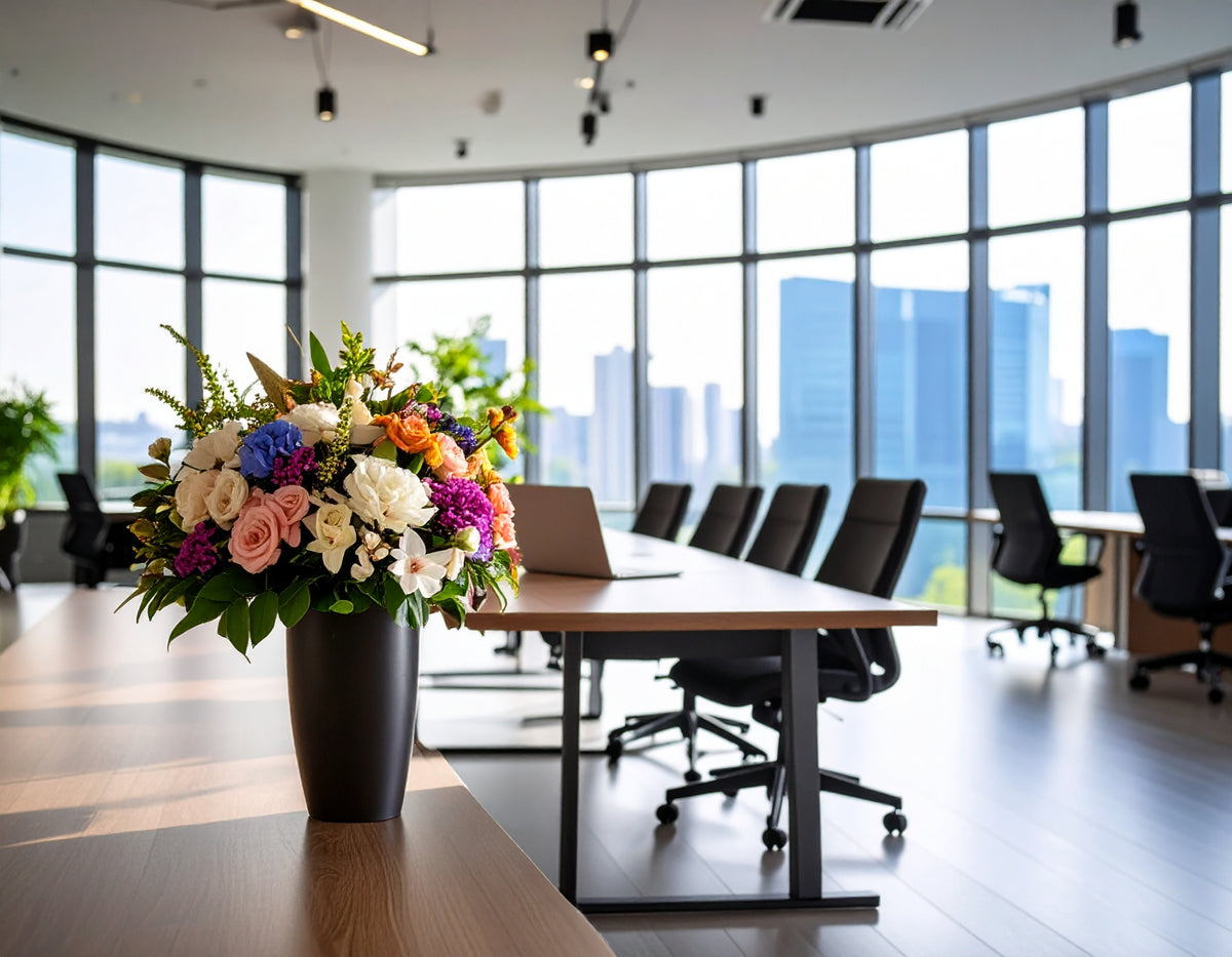 Saisonales Blumenarrangement in einer dunklen Vase im modernen Konferenzraum