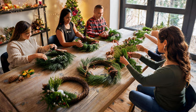 Gruppe beim gemeinsamen Adventskranz binden mit Dekomaterial und Tannengrün