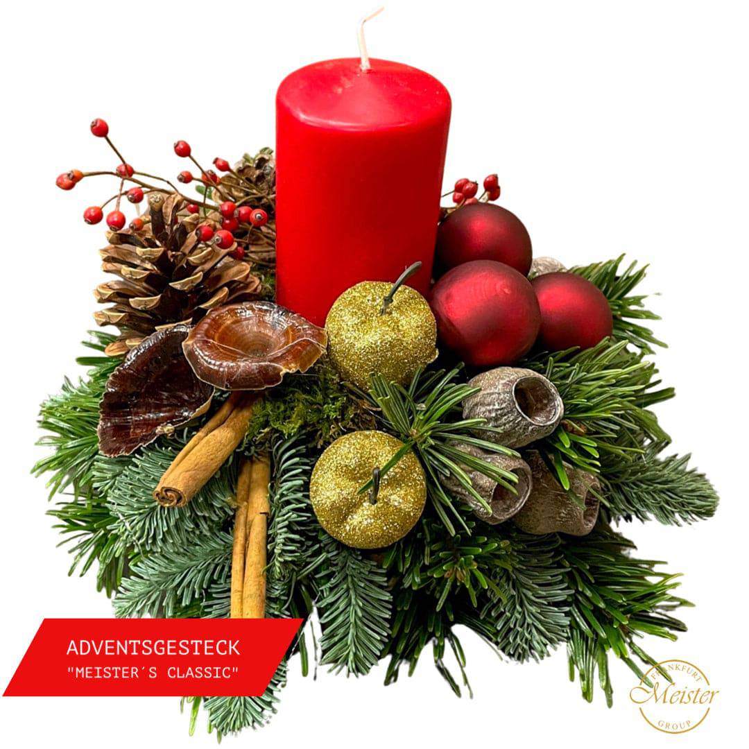 Adventsgesteck Classic mit 1 Kerze auf Teller - Meister Group Frankfurt