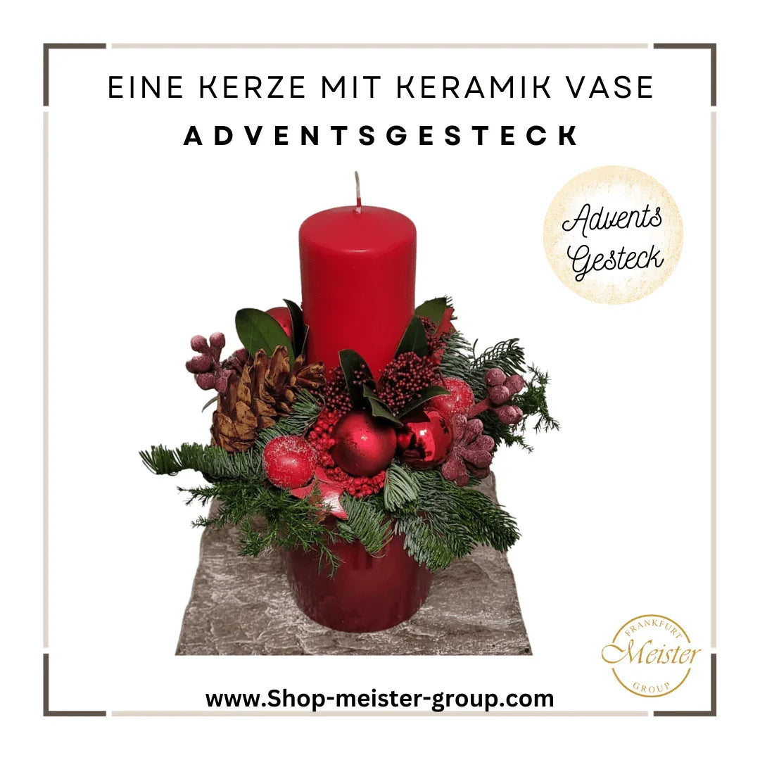 Abbildung Adventsgesteck Classic Rot mit 1 Kerze mit Keramik Vase