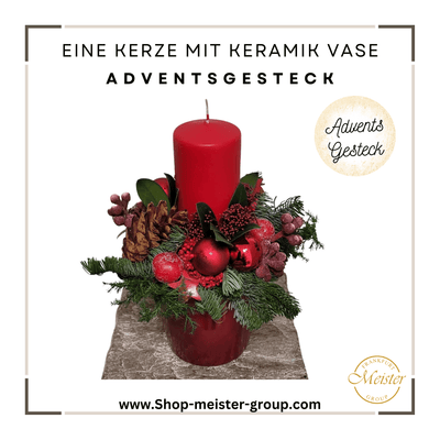 Adventsgesteck Classic Rot mit 1 Kerze mit Keramik Vase - Meister Group Frankfurt