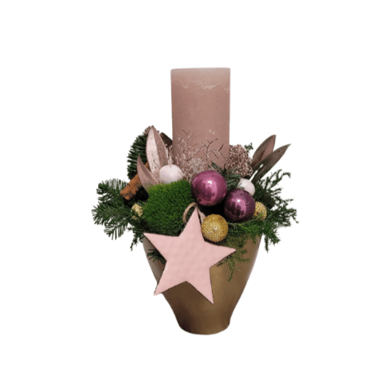 Adventsgesteck Rosa mit 1 Kerze mit Keramik Vase - Meister Group Frankfurt