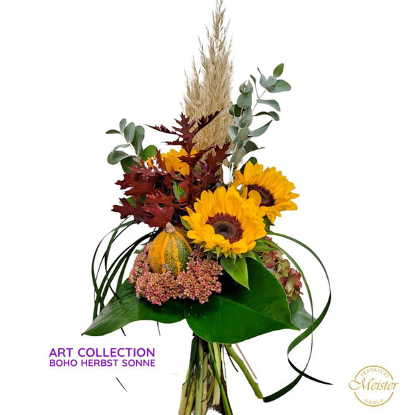 Boho Herbst Sonne Blumenstrauß mit Sonnenblumen, Kürbis & Pampasgras – exklusiv & frisch