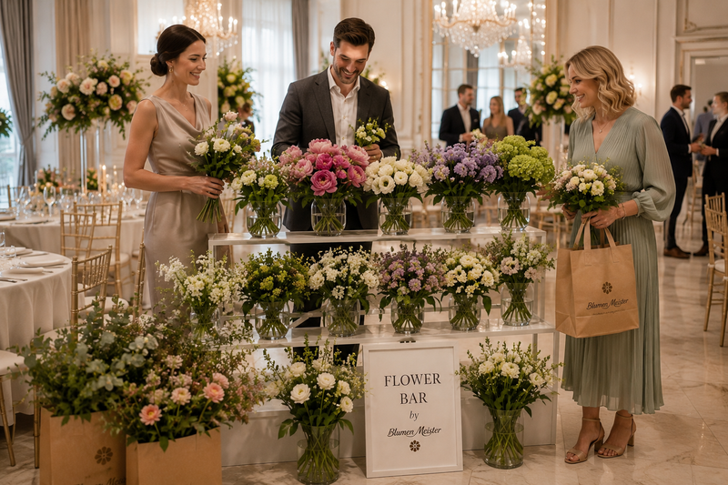 Flower Bar in Ballsaal bei Gala-Event — Gäste mit Blumensträußen Blumen Meister