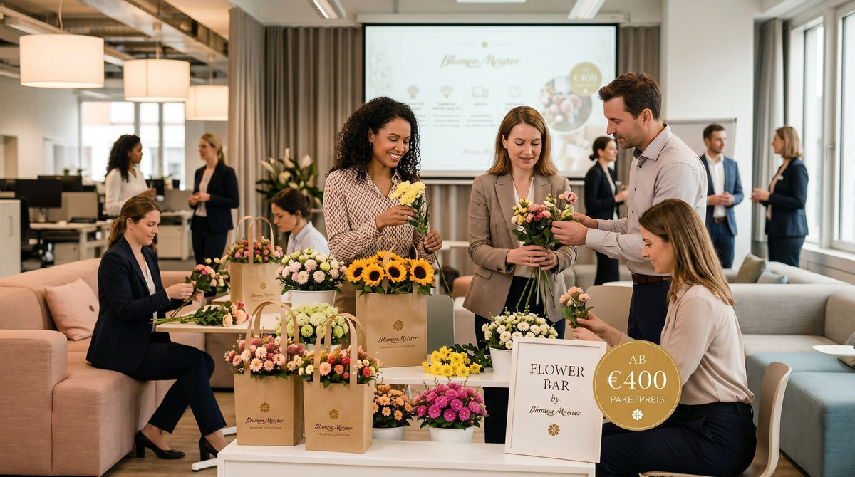 Flower Bar Firmenevent im Büro — Gäste binden Sträuße an der Blumen Meister Blumen-Bar