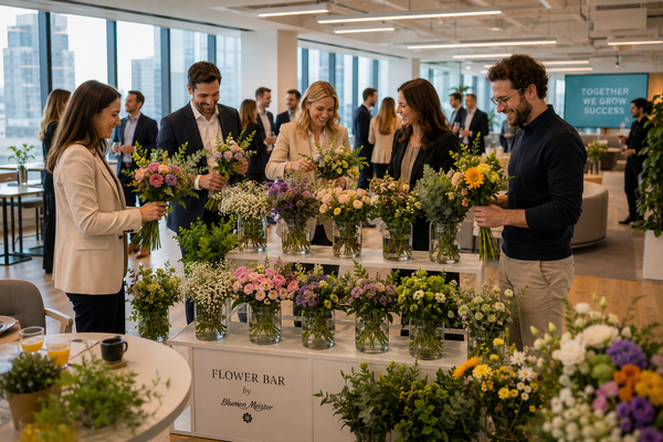 Flower Bar Corporate Event – Mitarbeiter:innen gestalten eigene Bouquets an der Blumen Meister Station