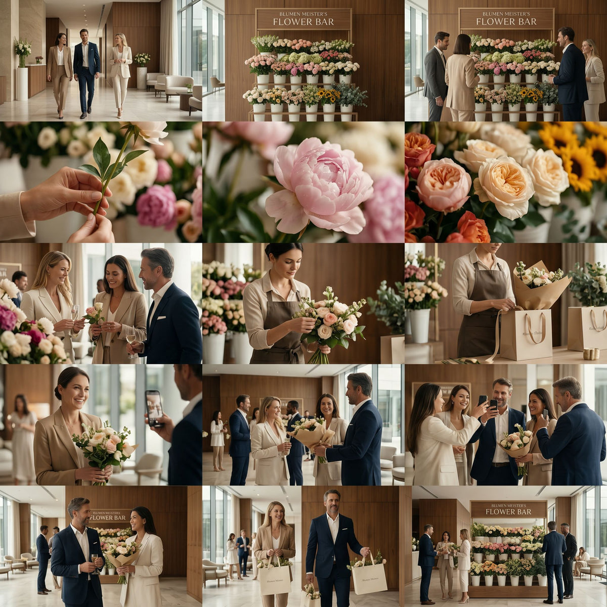 Collage einer Blumen Meister Flower Bar Veranstaltung in Hotel-Lobby mit Gästen und Floristen