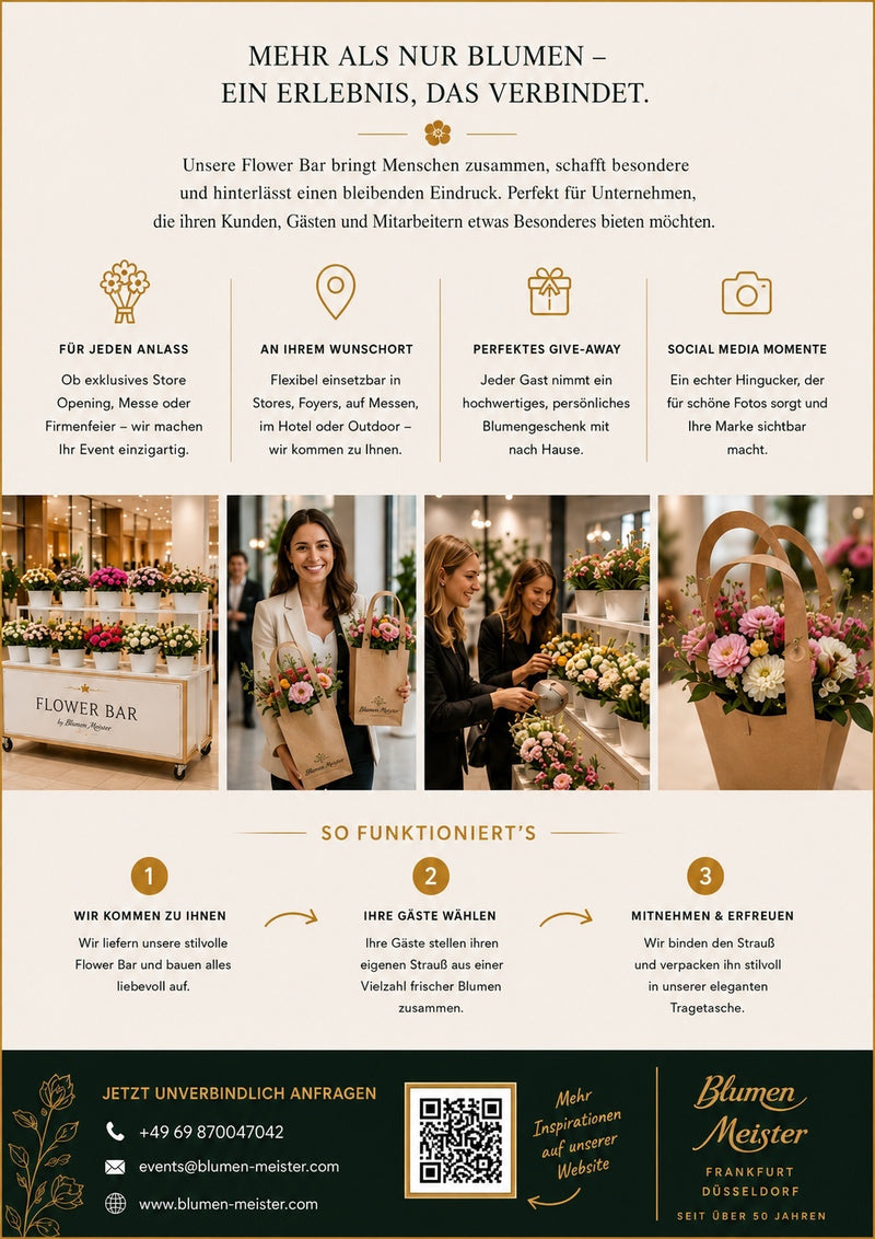 Flower Bar Frankfurt Flyer — Service Übersicht mit vier Säulen und Fotos Blumen Meister