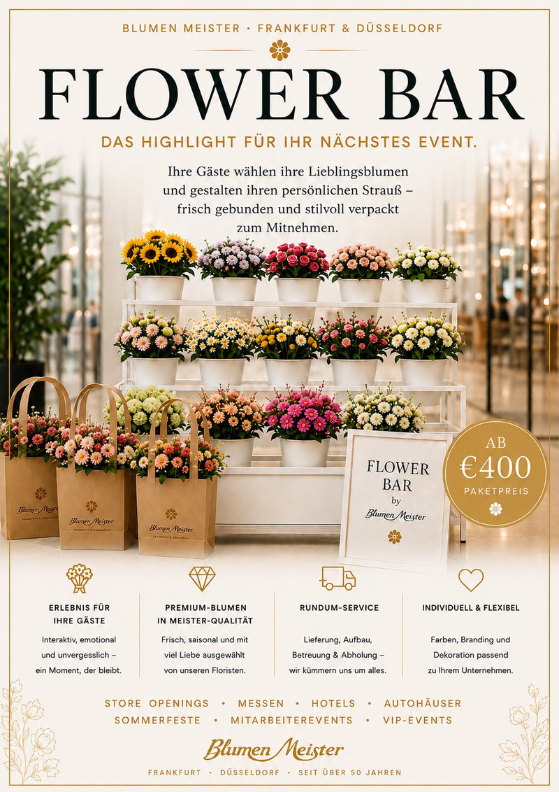 Flower Bar Düsseldorf — Blumen-Stand mit Tragetaschen und Preis-Badge ab 400 Euro Blumen Meister