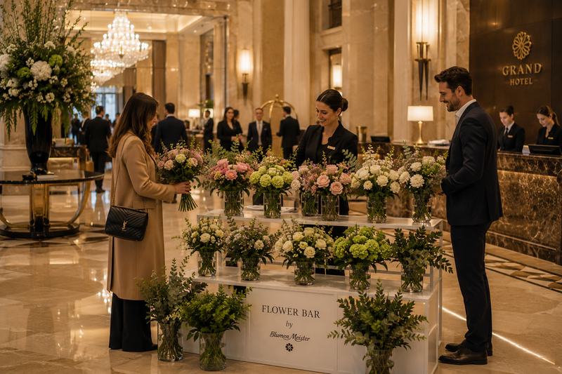 Flower Bar in Grand Hotel Lobby — Blumen-Stand mit Gästen Blumen Meister