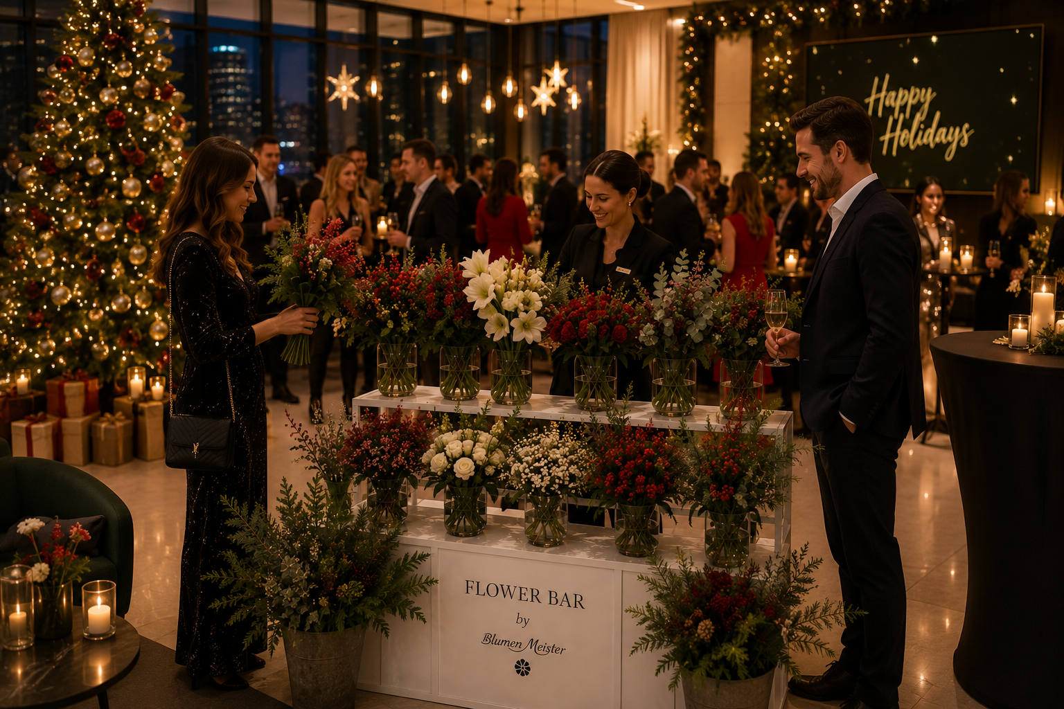 Weihnachtsfeier für Unternehmen in Frankfurt und Düsseldorf – Flower Bar und festliche Dekoration von Blumen Meister