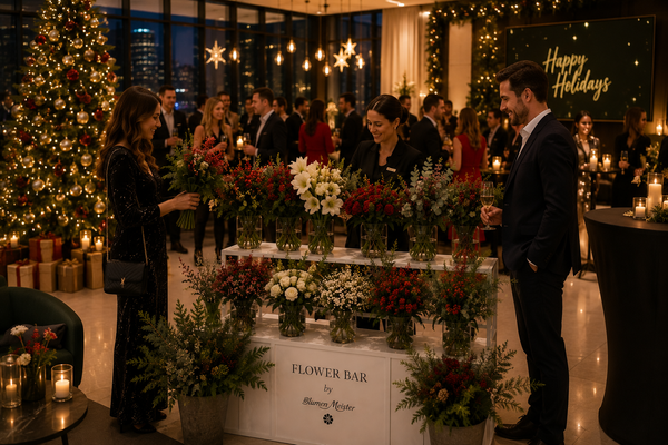 Weihnachtliche Event-Dekoration mit Weihnachtsbaum und Flower Bar in einem festlichen Raum