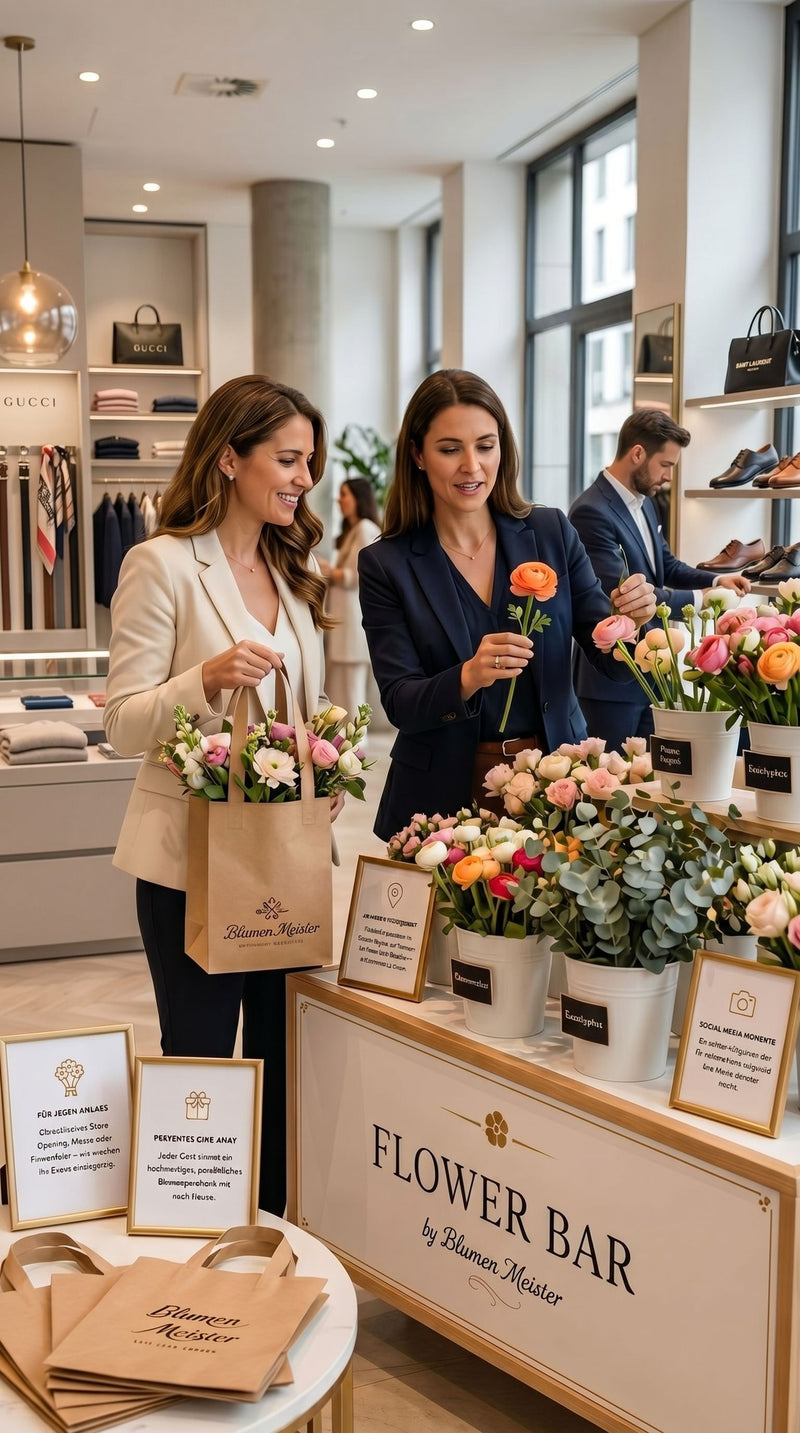 Flower Bar in Luxus-Boutique — Blumen-Bar mit Ranunkeln und Blumen Meister Tragetaschen
