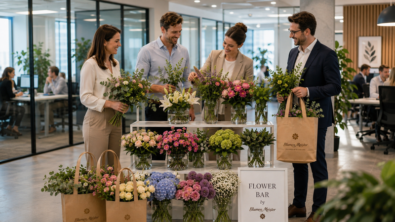 Flower Bar im Büro — Kollegen mit Blumensträußen an der Blumen Meister Blumen-Bar