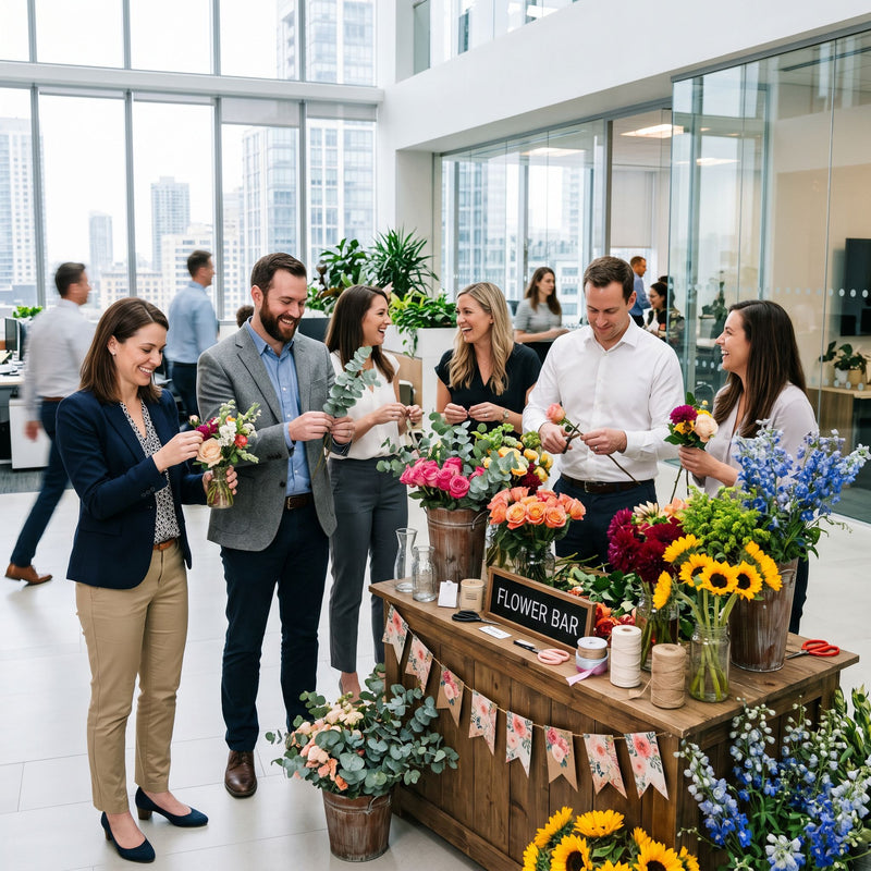 Flower Bar Workshop im Büro — Team bindet Blumen an der Blumen Meister Station