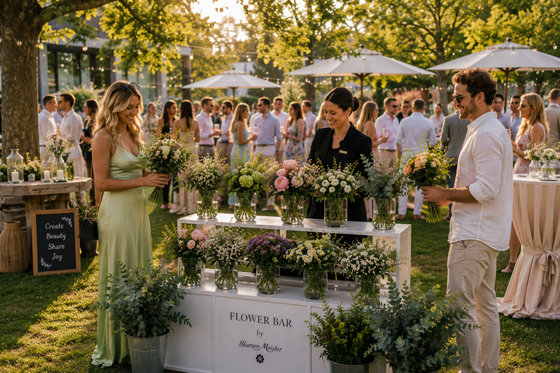 Flower Bar im Freien bei Sommer-Event — Gäste wählen Blumen auf der Wiese Blumen Meister
