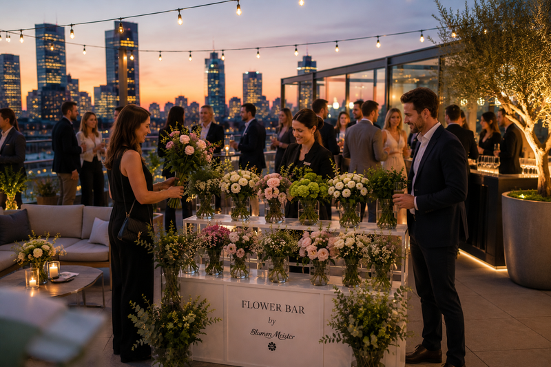 Flower Bar auf Dachterrasse bei Sonnenuntergang — Gäste mit Blumen Blumen Meister