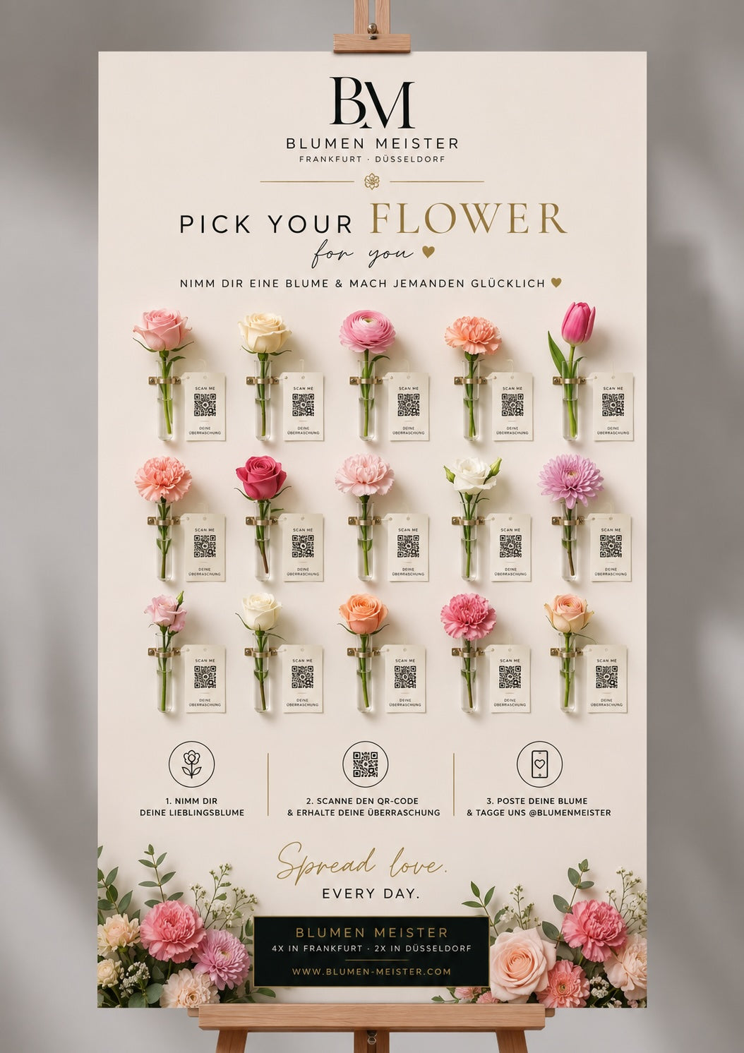 Pick Your Flower Display Board mit 15 Blumen und QR-Codes