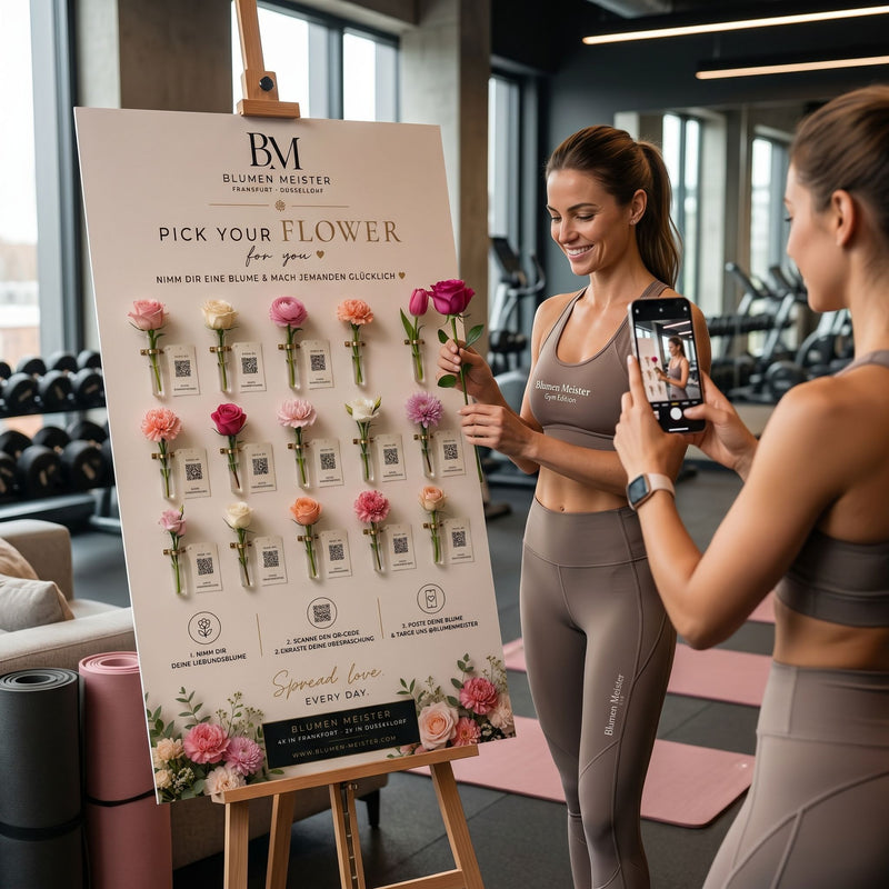 Frau im Gym zieht Rose vom Pick Your Flower Board