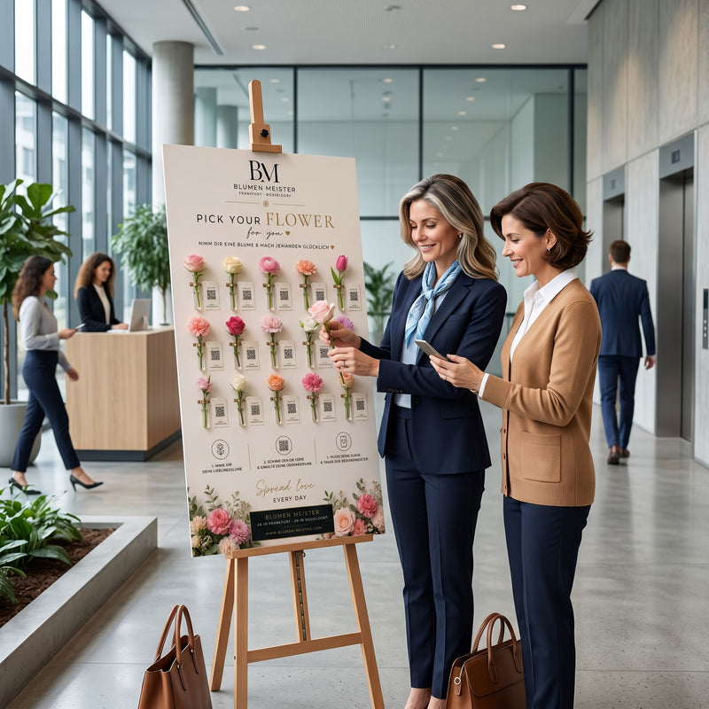 Zwei Frauen am Pick Your Flower Display im Büro-Lobby