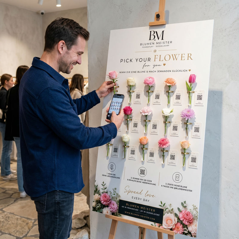 Mann scannt QR-Code am Pick Your Flower Display