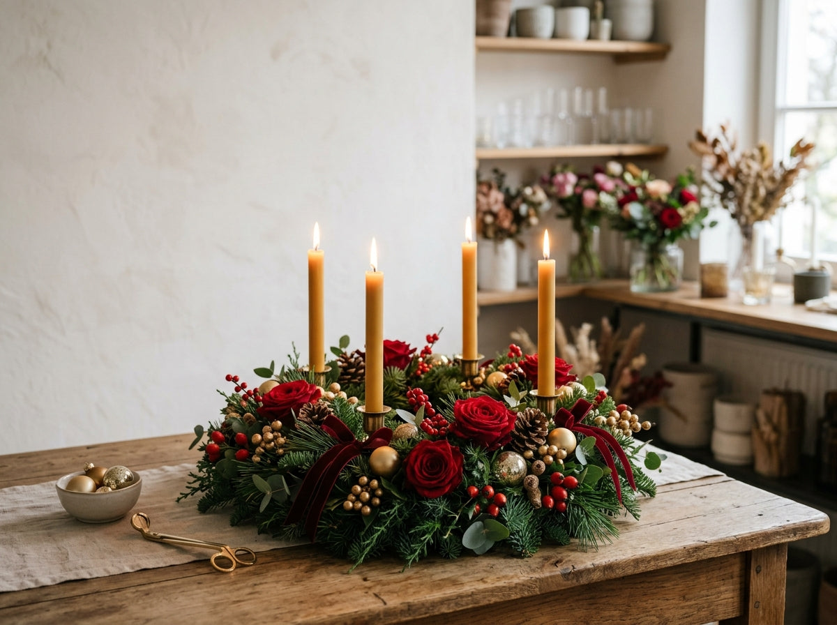 Festlicher Adventskranz mit Kerzen, Tannengrün, roten Rosen und Gold-Akzenten