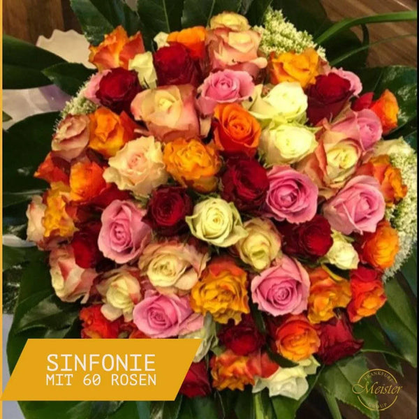 Bunter Rosenstrauß mit 60 Rosen in Rot, Rosa, Orange & Creme – frisch für Frankfurt & Düsseldorf